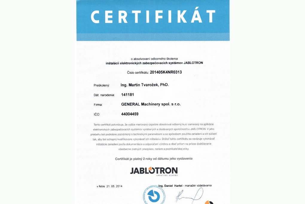 Certifikát Jablotron